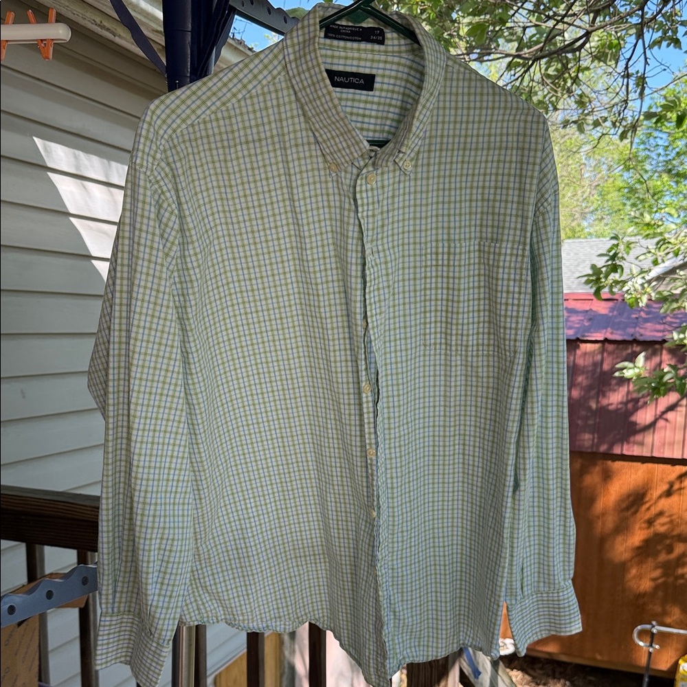 Nautica Men's Light Green Plaid Button-Down Shirt on white size 17 34/35 cotton